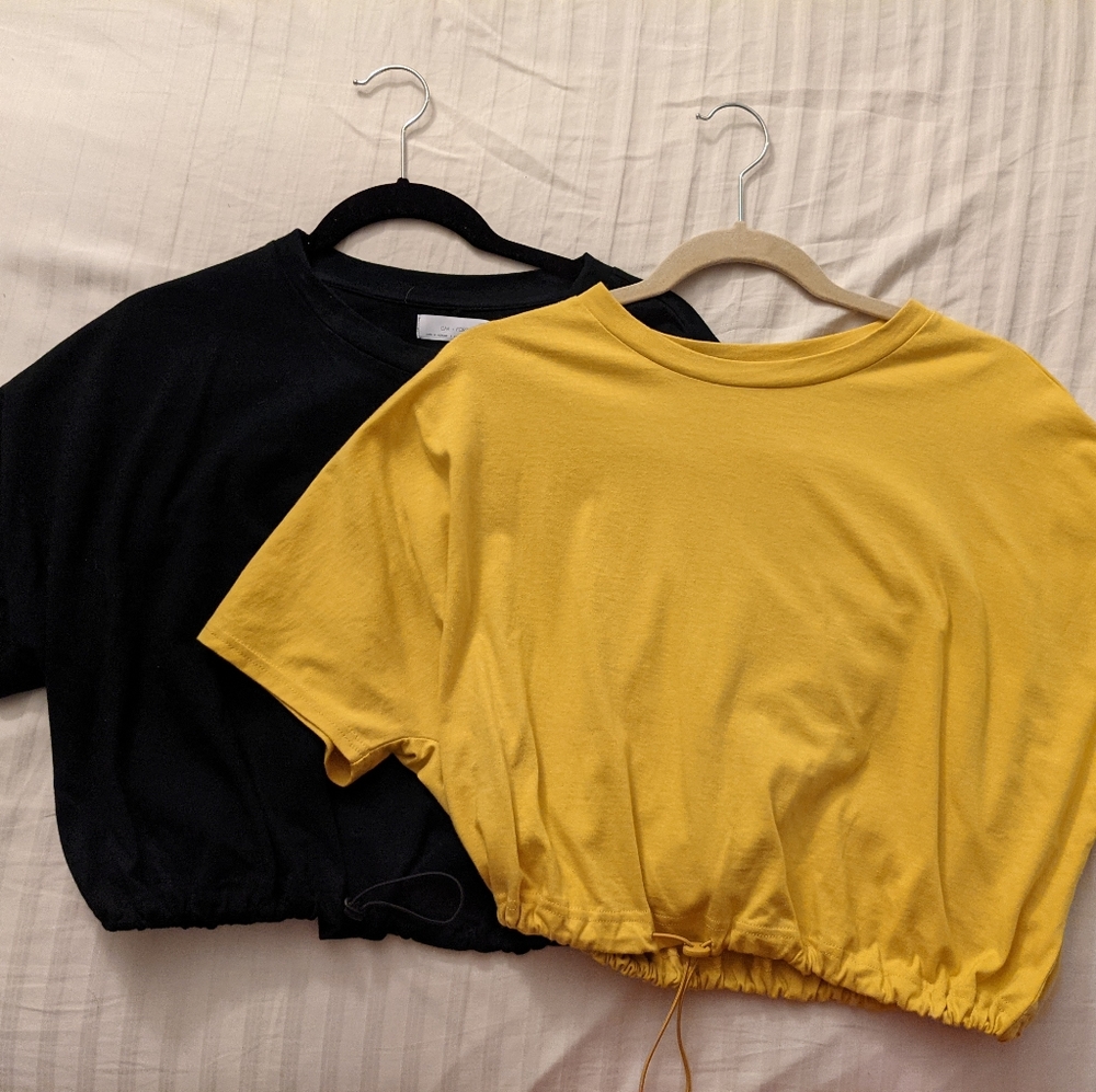 Two small OAK & FORT crop tees.  Never been worn. Yellow and black.